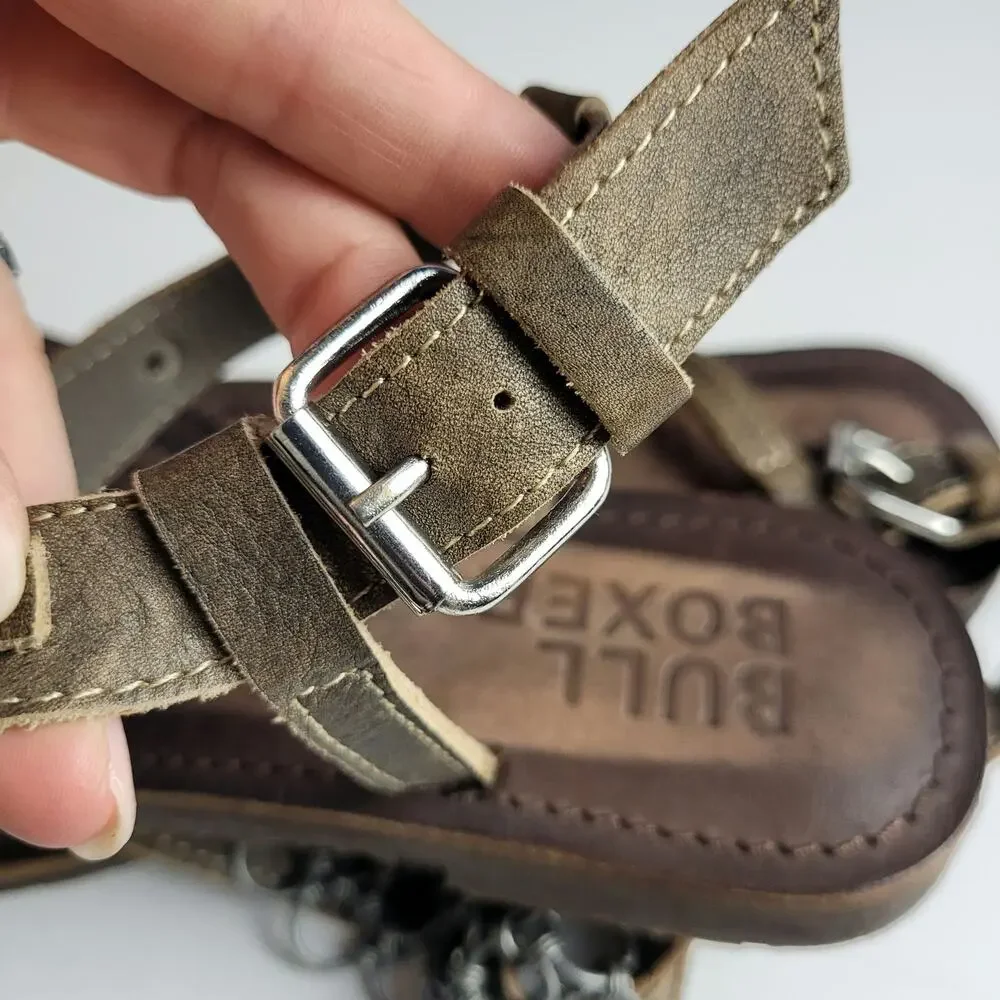 Bull Boxer Annalise Chain Sandals Leather Flats ‎ T-strap Thong Brown Boho